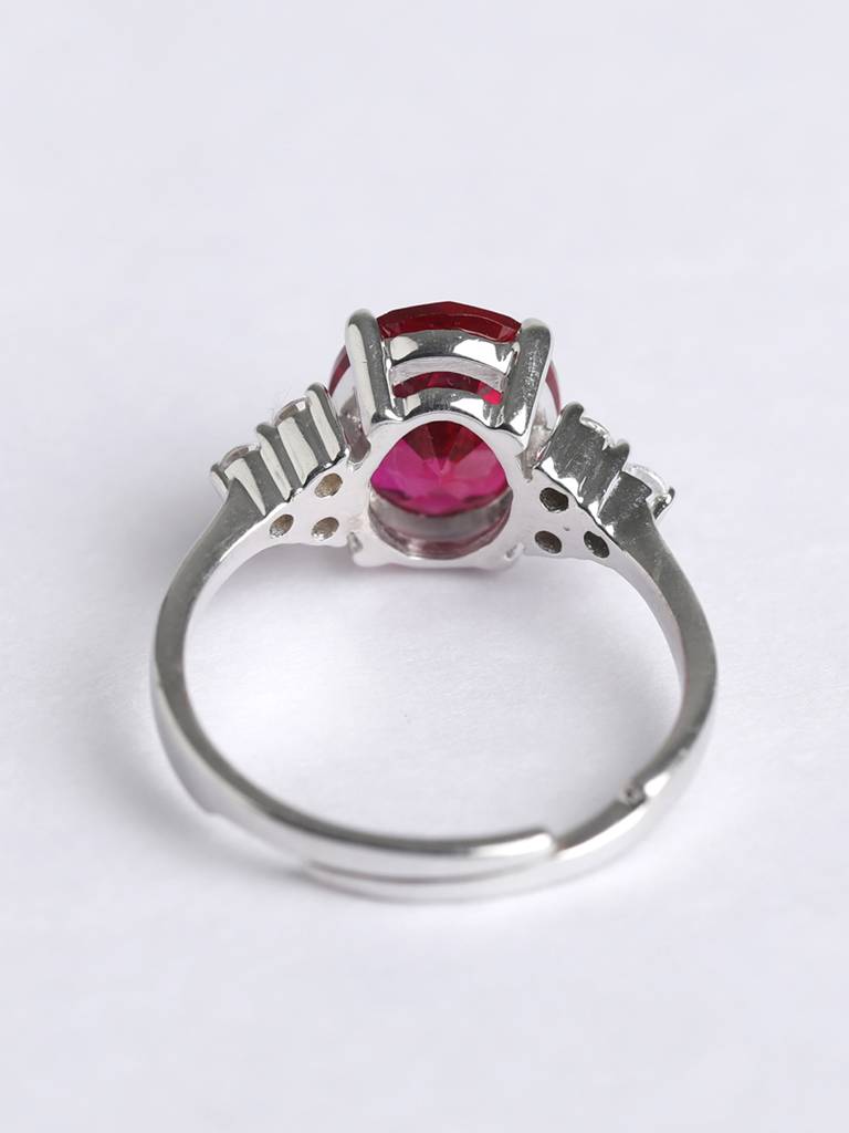 925 Sterling Silver Rhodium Plated Swiss Zirconia Blood Red Oval Ring With Adjustable Band Gift For Women & Girls : CSCLRR5OV_RU