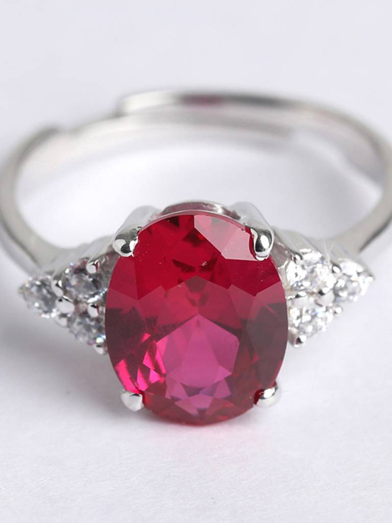 925 Sterling Silver Rhodium Plated Swiss Zirconia Blood Red Oval Ring With Adjustable Band Gift For Women & Girls : CSCLRR5OV_RU