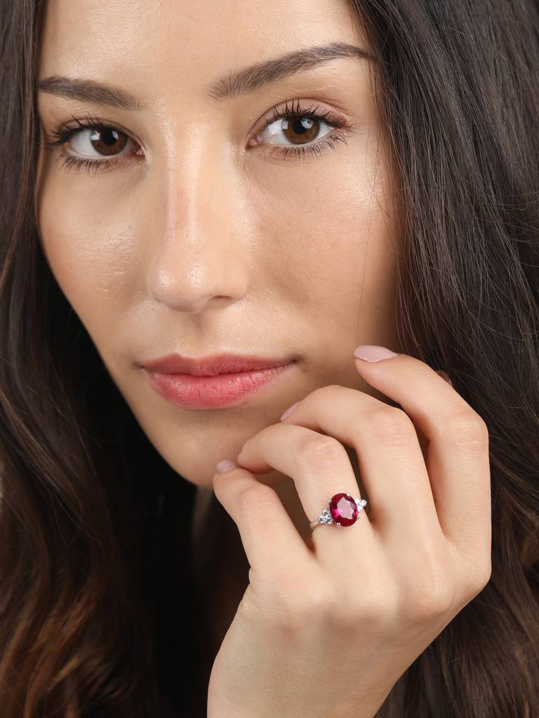 925 Sterling Silver Rhodium Plated Swiss Zirconia Blood Red Oval Ring With Adjustable Band Gift For Women & Girls : CSCLRR5OV_RU