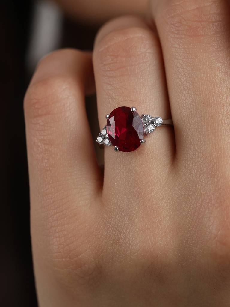 925 Sterling Silver Rhodium Plated Swiss Zirconia Blood Red Oval Ring With Adjustable Band Gift For Women & Girls : CSCLRR5OV_RU