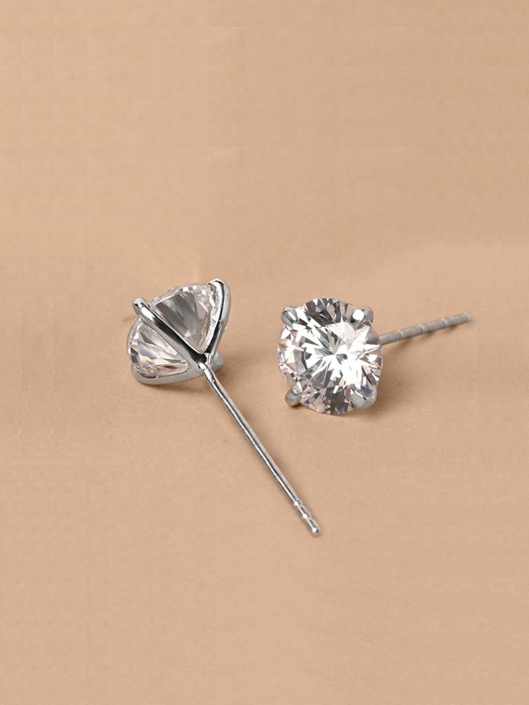 925 Pure Sterling Silver Rhodium Plated Swiss Zirconia Round Solitaire 5 Mm Studs Earrings White For Girls Kids Wome : CSE15_5
