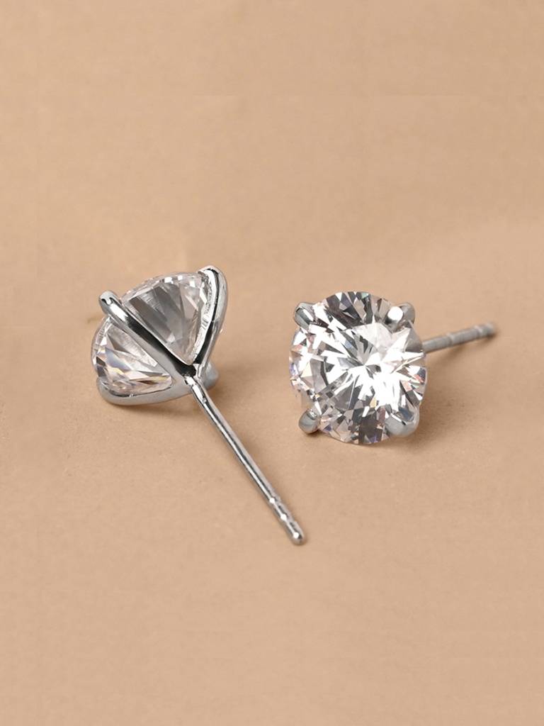 925 Pure Sterling Silver Rhodium Plated Swiss Zirconia Round Solitaire 7 Mm Studs Earrings White For Girls Kids Wome : CSE15_7
