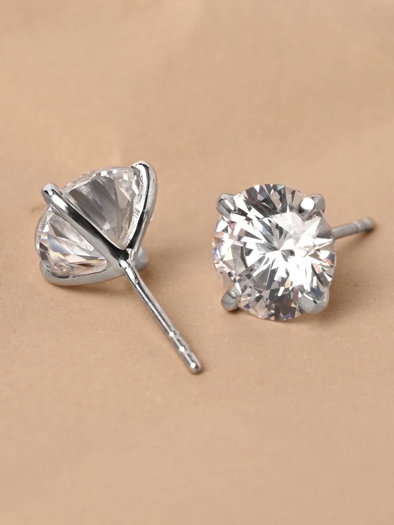 925 Pure Sterling Silver Rhodium Plated Swiss Zirconia Round Solitaire 9 Mm Studs Earrings White For Girls Kids Wome : CSE15_9