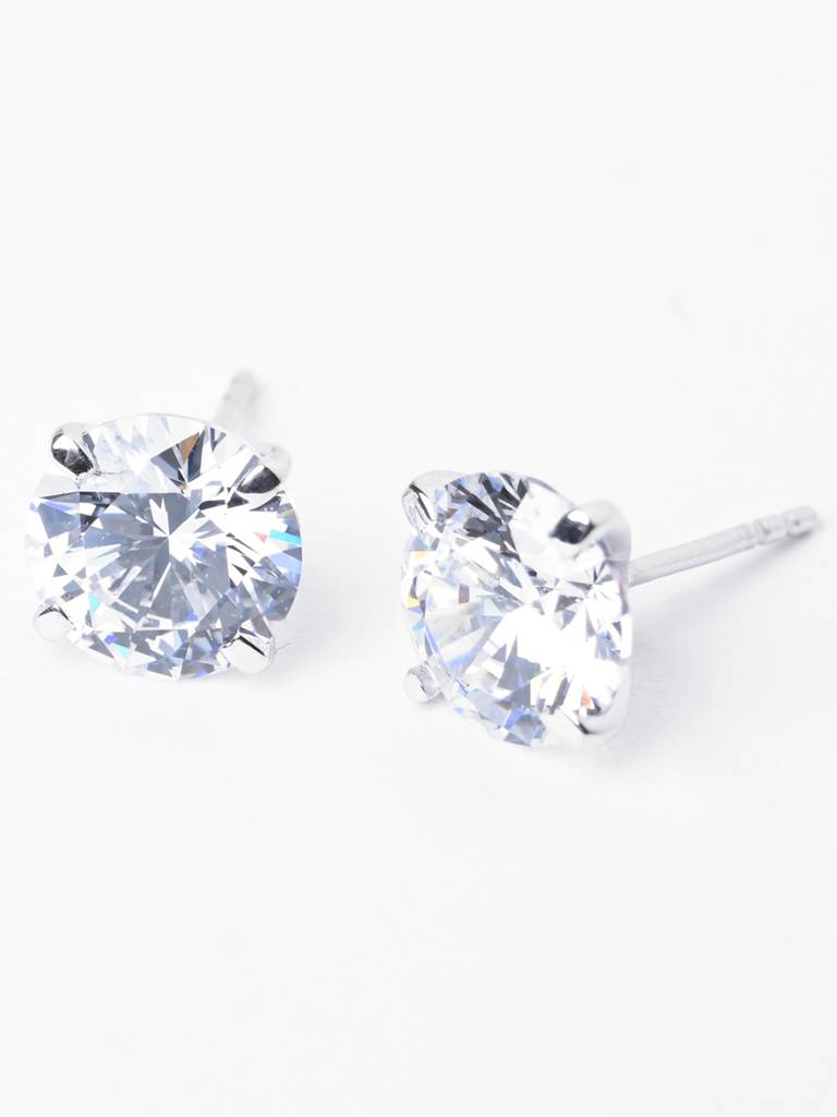 925 Pure Sterling Silver Rhodium Plated Swiss Zirconia Round Solitaire 9 Mm Studs Earrings White For Girls Kids Wome : CSE15_9