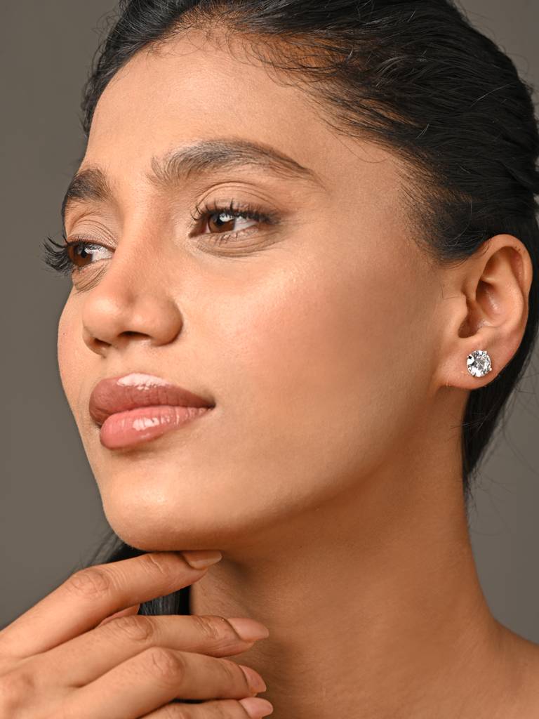 925 Pure Sterling Silver Rhodium Plated Swiss Zirconia Round Solitaire 9 Mm Studs Earrings White For Girls Kids Wome : CSE15_9