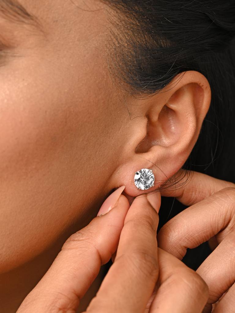 925 Pure Sterling Silver Rhodium Plated Swiss Zirconia Round Solitaire 9 Mm Studs Earrings White For Girls Kids Wome : CSE15_9