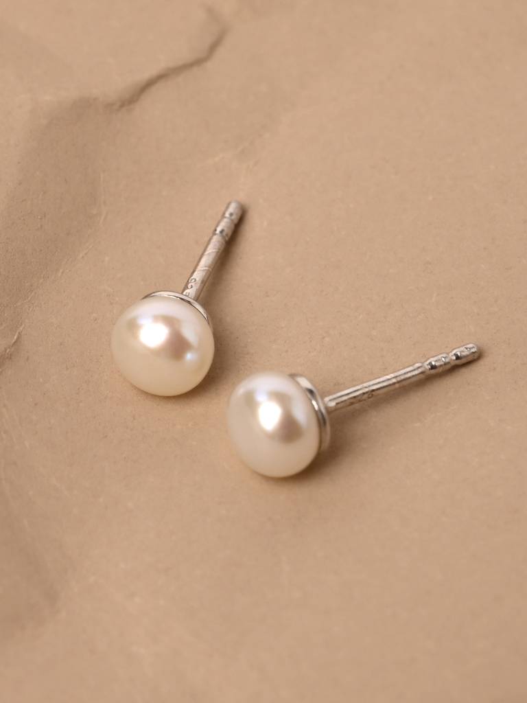 925 Pure Sterling Silver Rhodium Plated Real White Pearl 5 Mm Studs Earrings Gift For Women & Girls : CSE16_5