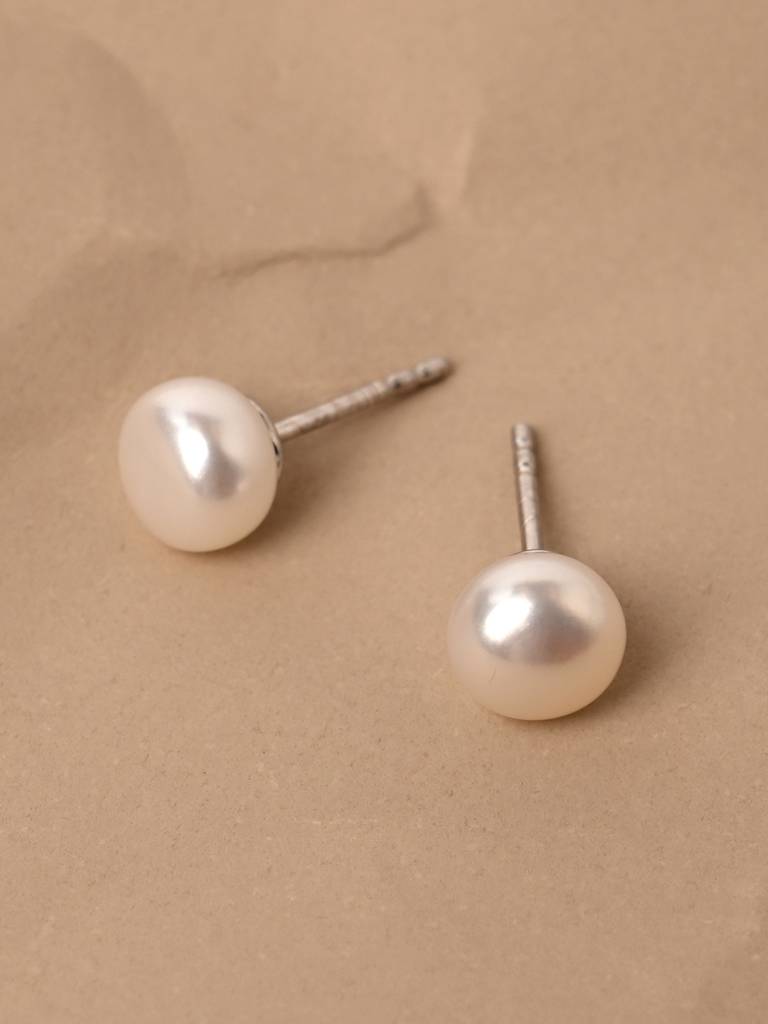 925 Pure Sterling Silver Rhodium Plated Real White Pearl 7 Mm Studs Earrings Gift For Women & Girls : CSE16_7