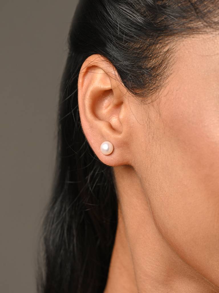 925 Pure Sterling Silver Rhodium Plated Real White Pearl 7 Mm Studs Earrings Gift For Women & Girls : CSE16_7