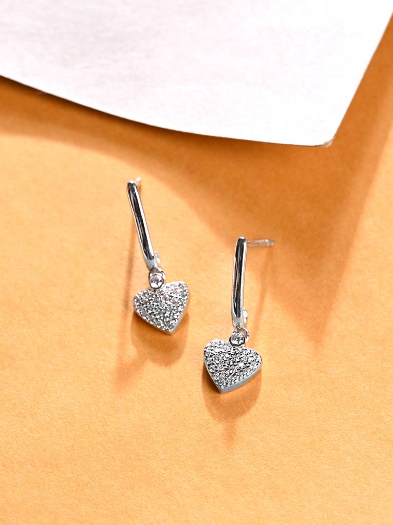 925 Sterling Silver Platinum Plated Swiss Zirconia Heart Dangler Drop Earrings Valentine Gift For Women & Girls : CSE18