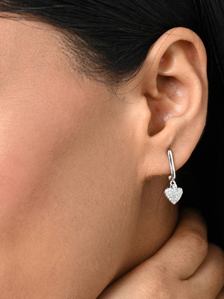 925 Sterling Silver Platinum Plated Swiss Zirconia Heart Dangler Drop Earrings Valentine Gift For Women & Girls : CSE18