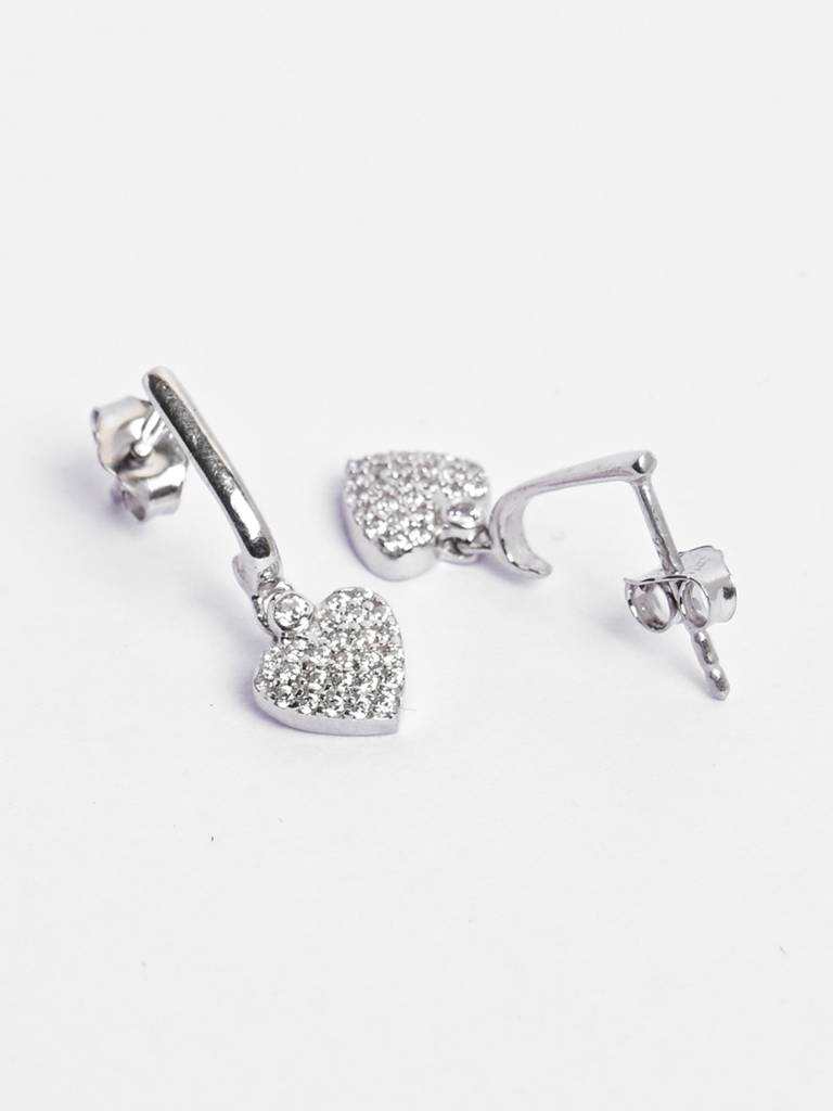 925 Sterling Silver Platinum Plated Swiss Zirconia Heart Dangler Drop Earrings Valentine Gift For Women & Girls : CSE18