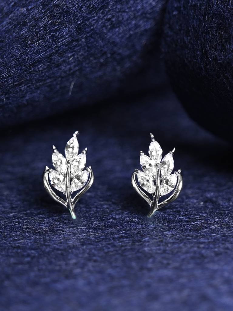 925 Sterling Silver Platinum Plated Swiss Zirconia Esma Leaf Stud Earrings Gift For Women & Girls : CSE20
