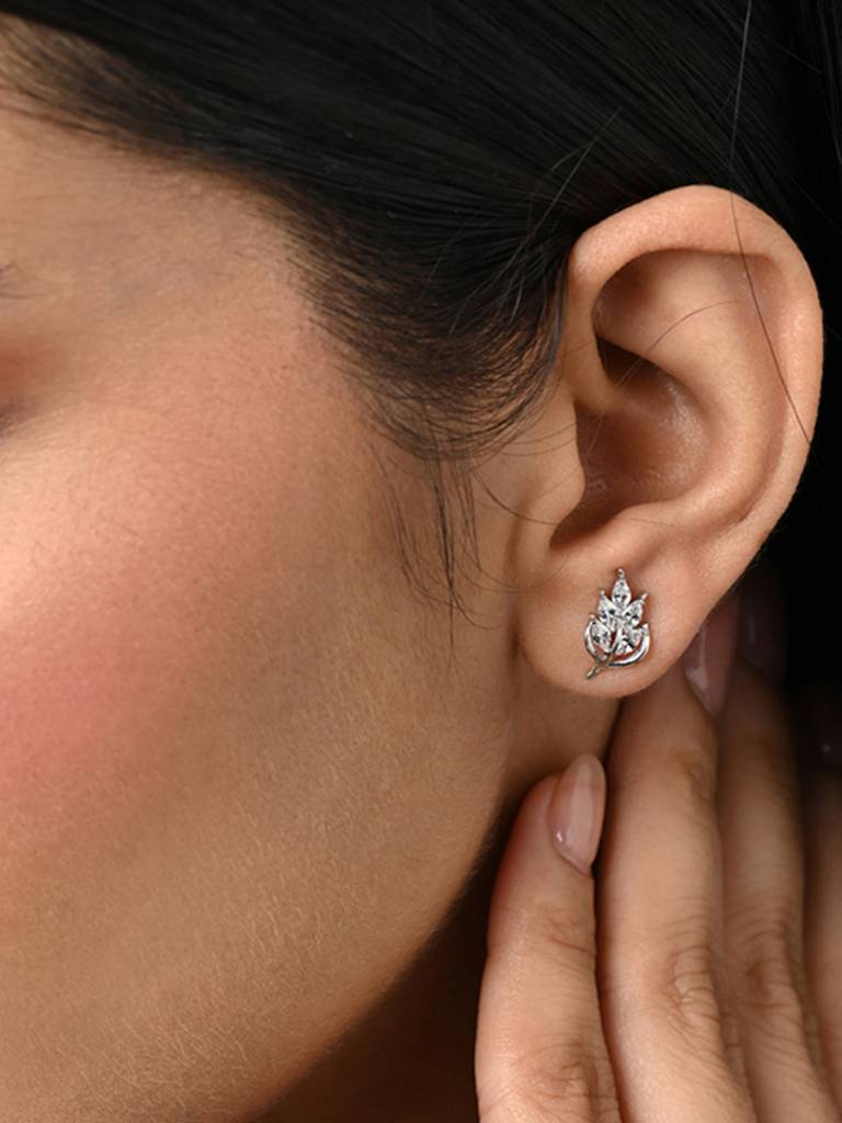 925 Sterling Silver Platinum Plated Swiss Zirconia Esma Leaf Stud Earrings Gift For Women & Girls : CSE20