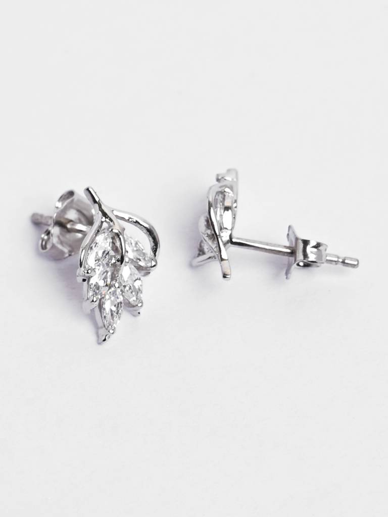 925 Sterling Silver Platinum Plated Swiss Zirconia Esma Leaf Stud Earrings Gift For Women & Girls : CSE20