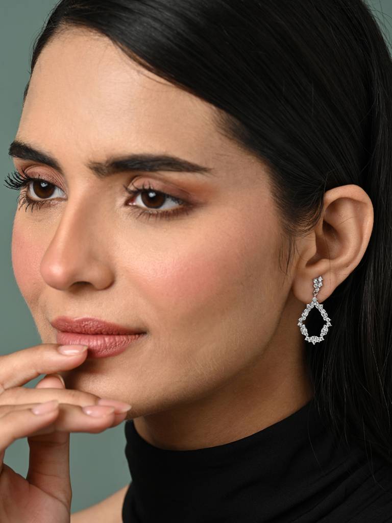 925 Sterling Silver Platinum Plated Swiss Zirconia Frida Studded Dangler Earrings Gift For Women & Girls : CSE21