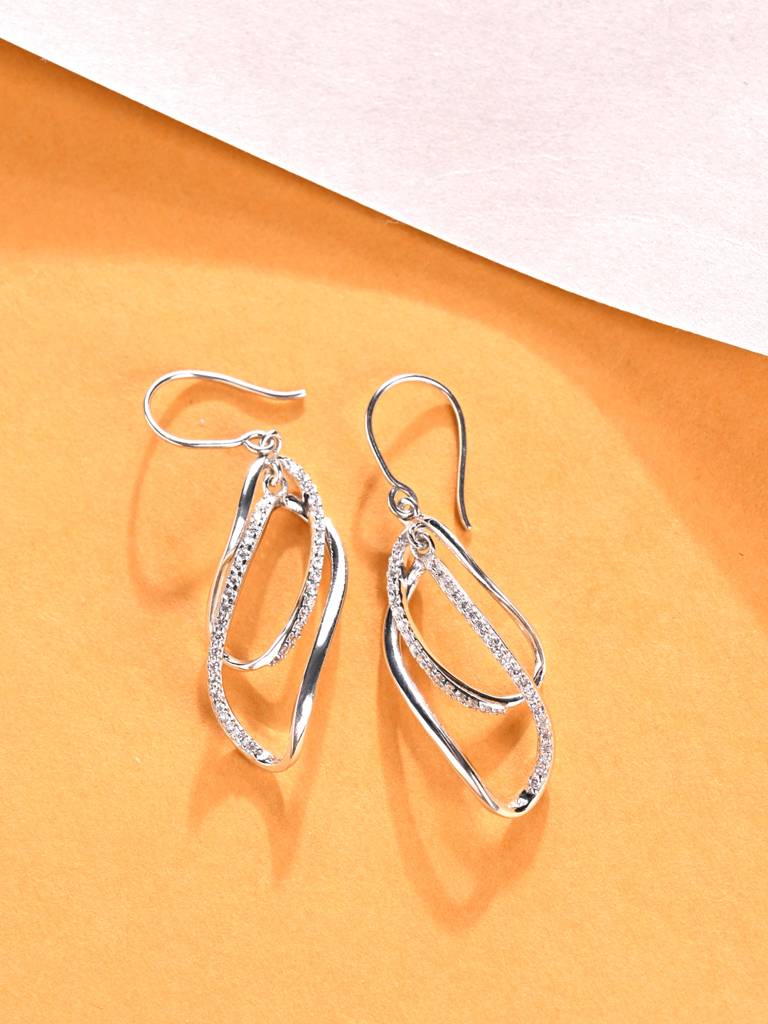 925 Sterling Silver Platinum Plated Swiss Zirconia Twisted Long Dangler Earrings Gift For Women & Girls : CSE23