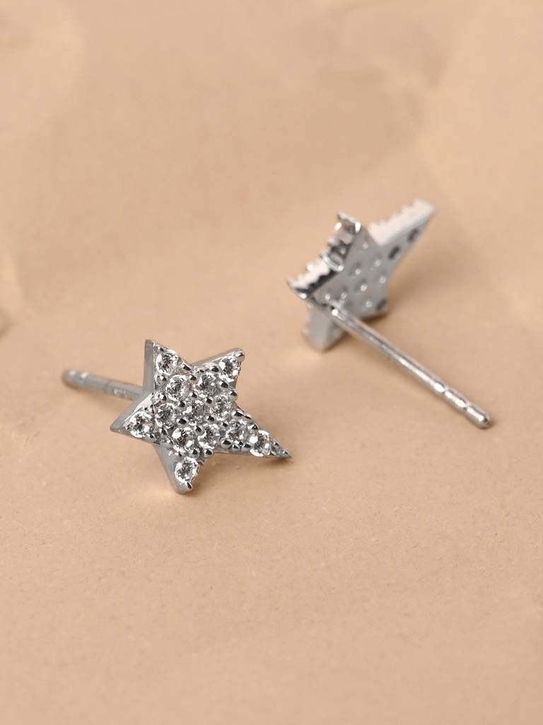 925 Sterling Silver Rhodium Plated Swiss Zirconia Star Studs Earrings Gift For Women & Girls : CSE3