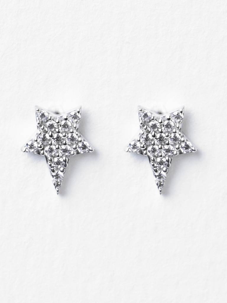 925 Sterling Silver Rhodium Plated Swiss Zirconia Star Studs Earrings Gift For Women & Girls : CSE3