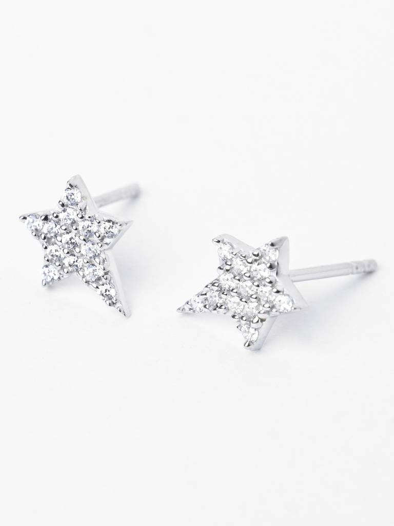 925 Sterling Silver Rhodium Plated Swiss Zirconia Star Studs Earrings Gift For Women & Girls : CSE3