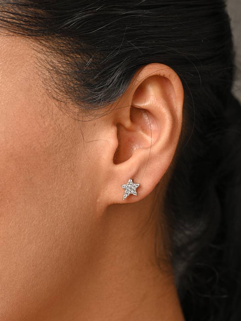 925 Sterling Silver Rhodium Plated Swiss Zirconia Star Studs Earrings Gift For Women & Girls : CSE3