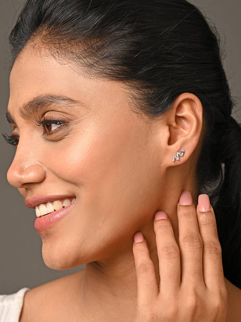925 Sterling Silver Rhodium Plated Swiss Zirconia Snake Small Studs Earrings Gift For Women & Girls : CSE4