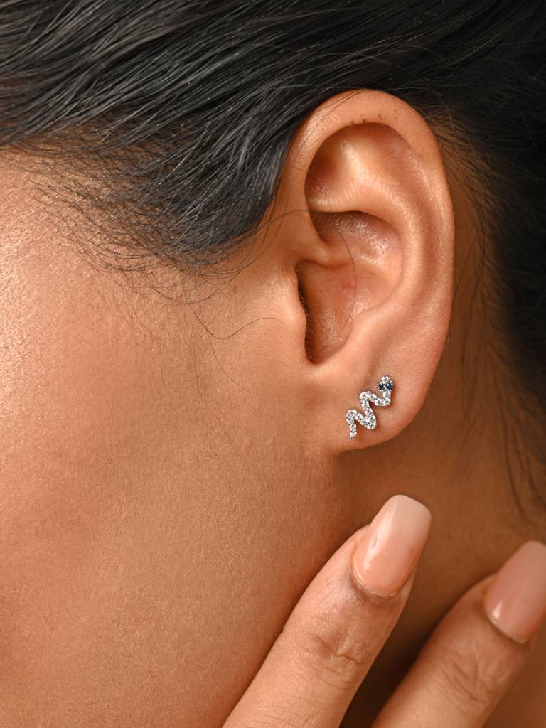 925 Sterling Silver Rhodium Plated Swiss Zirconia Snake Small Studs Earrings Gift For Women & Girls : CSE4