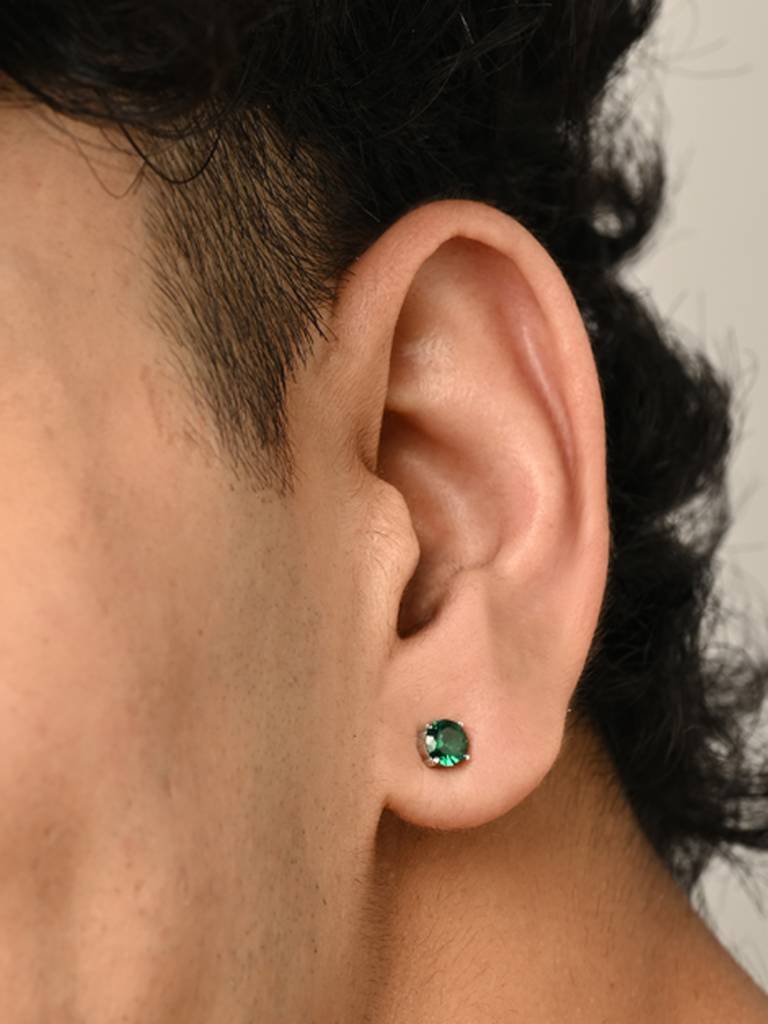 Clara 925 Sterling Silver Green Stud Men Earring Gift For Men & Boys (1 Piece) : CSE5PC1_EM