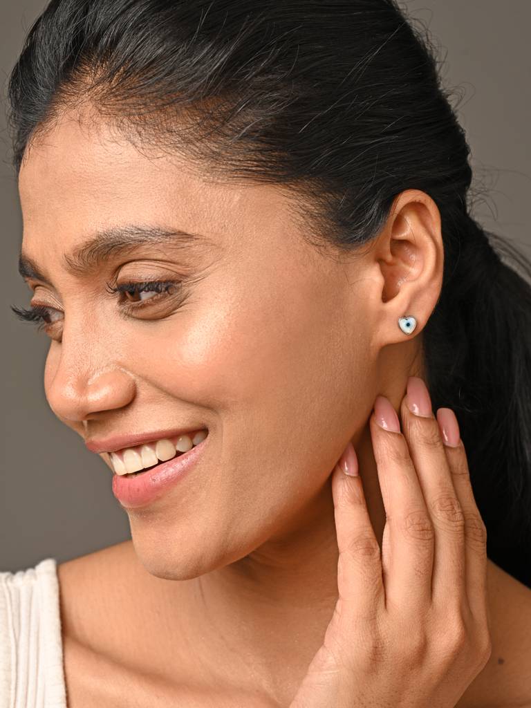 925 Sterling Silver Minimal Daily Wear Evil Eye Heart Studs Earrings For Kids & Girls : CSE6