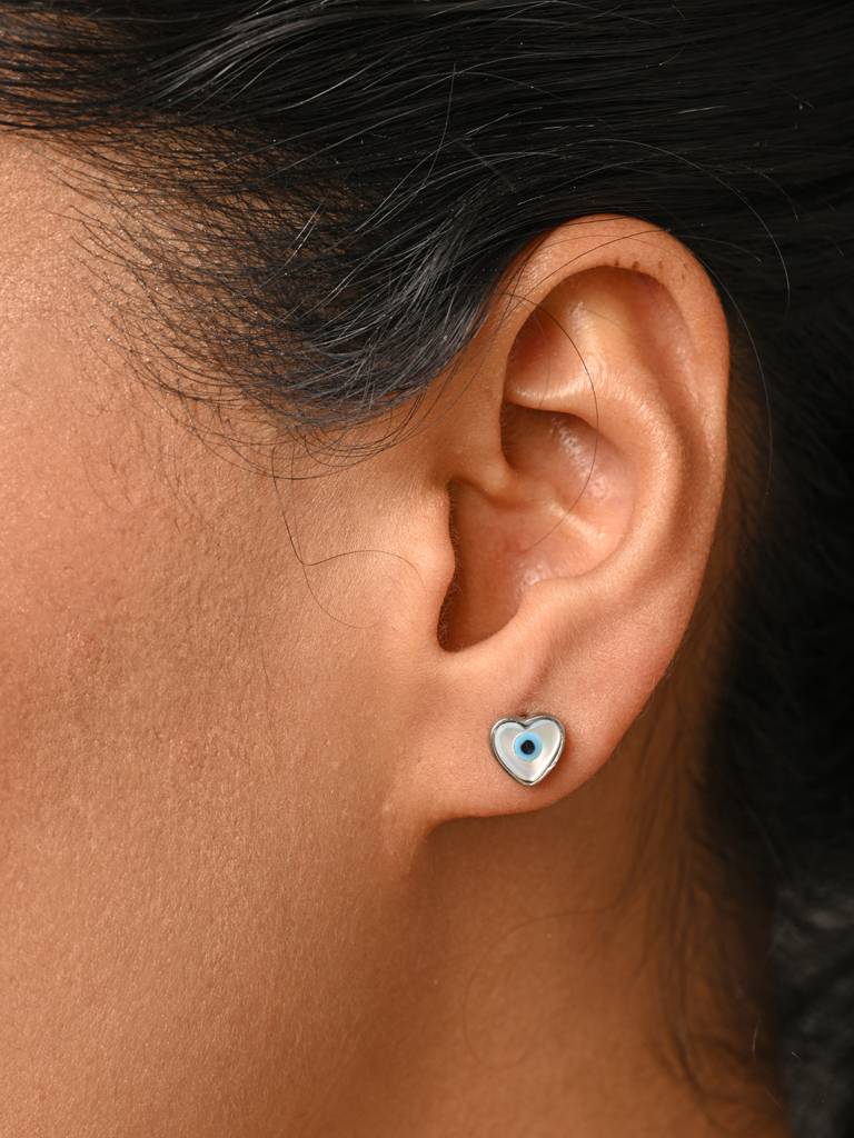 925 Sterling Silver Minimal Daily Wear Evil Eye Heart Studs Earrings For Kids & Girls : CSE6