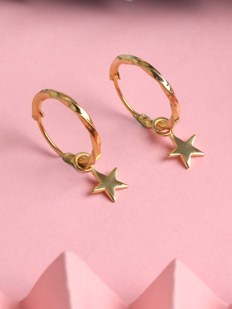 925 Sterling Silver Gold Rhodium Plated Star Hoop Drop Earrings Gift For Women & Girls : CSHDE46