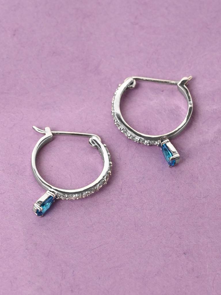 925 Sterling Silver Rhodium Plated Swiss Zirconia Sky Blue Hoop Bali Earrings Gift For Women & Girls : CSHDE47