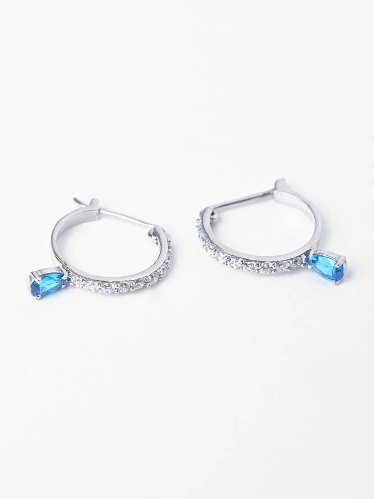 925 Sterling Silver Rhodium Plated Swiss Zirconia Sky Blue Hoop Bali Earrings Gift For Women & Girls : CSHDE47