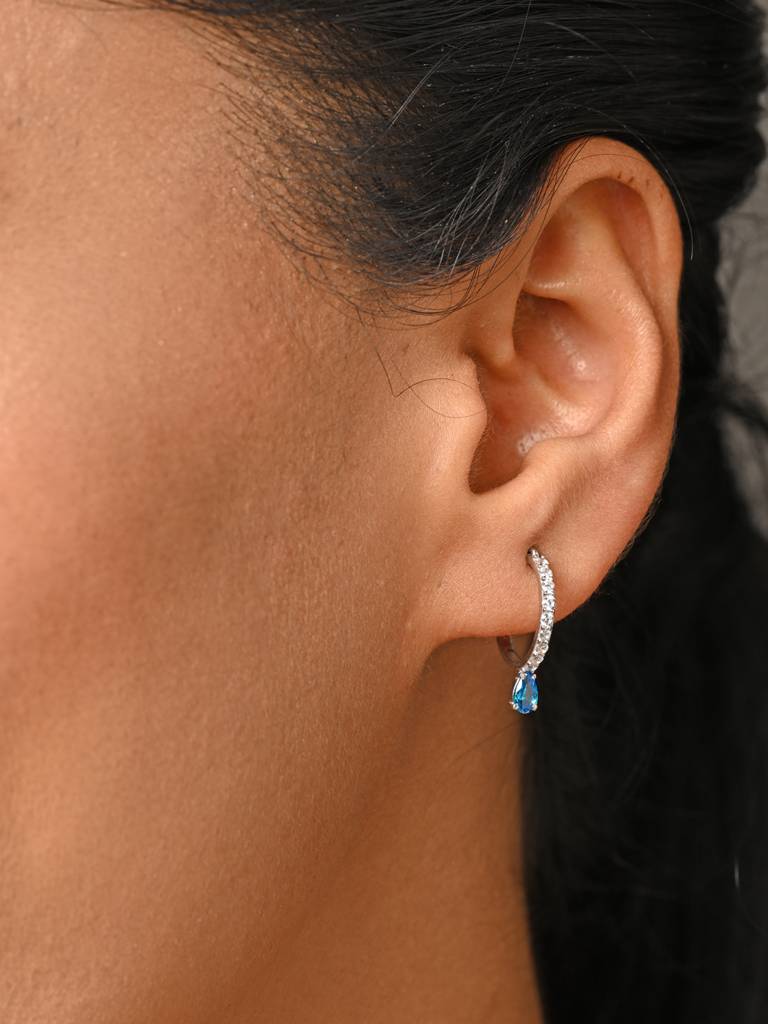 925 Sterling Silver Rhodium Plated Swiss Zirconia Sky Blue Hoop Bali Earrings Gift For Women & Girls : CSHDE47