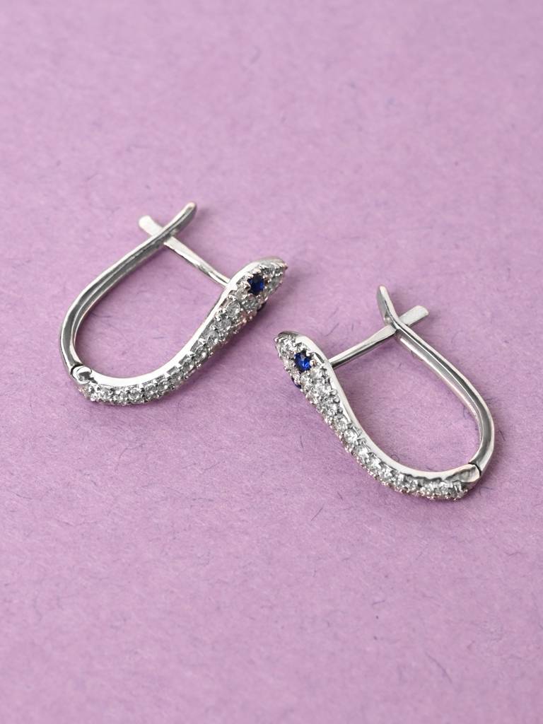925 Sterling Silver Rhodium Plated Swiss Zirconia Blue Eye Snake Hoop Bali Earrings Gift For Women & Girls : CSHDE51