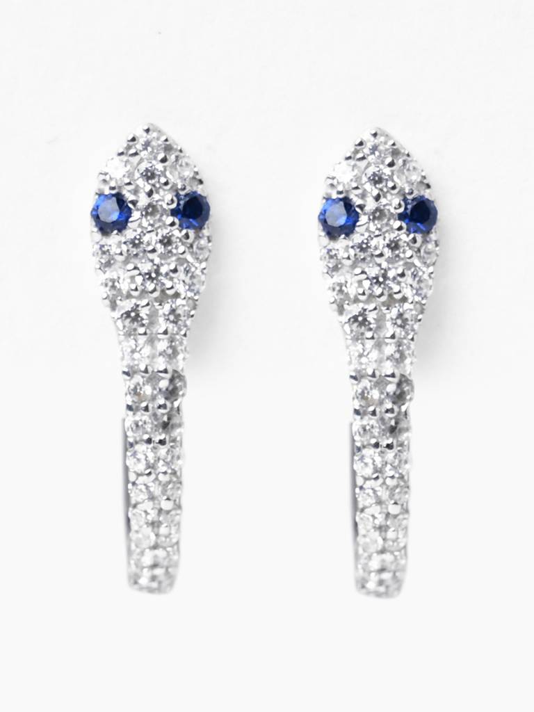 925 Sterling Silver Rhodium Plated Swiss Zirconia Blue Eye Snake Hoop Bali Earrings Gift For Women & Girls : CSHDE51