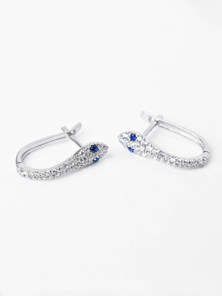 925 Sterling Silver Rhodium Plated Swiss Zirconia Blue Eye Snake Hoop Bali Earrings Gift For Women & Girls : CSHDE51