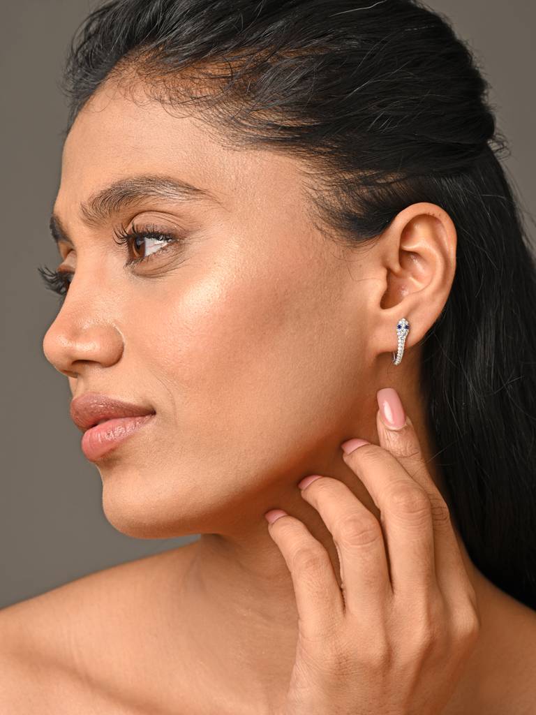 925 Sterling Silver Rhodium Plated Swiss Zirconia Blue Eye Snake Hoop Bali Earrings Gift For Women & Girls : CSHDE51