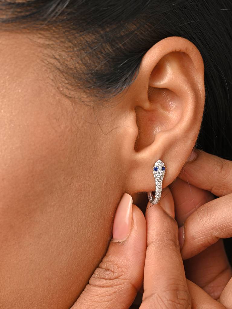 925 Sterling Silver Rhodium Plated Swiss Zirconia Blue Eye Snake Hoop Bali Earrings Gift For Women & Girls : CSHDE51
