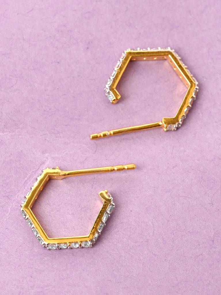 925 Sterling Silver Gold Rhodium Plated Swiss Zirconia Hexa Hoop And Huggies Earrings Gift For Women & Girls : CSHDE52