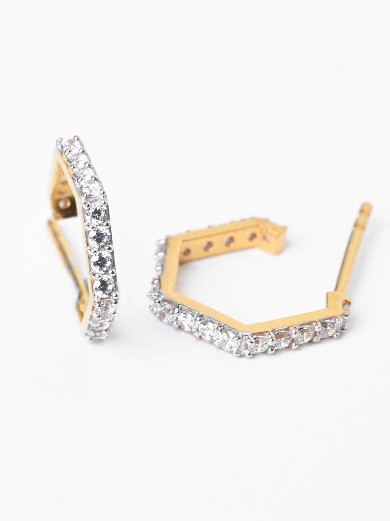 925 Sterling Silver Gold Rhodium Plated Swiss Zirconia Hexa Hoop And Huggies Earrings Gift For Women & Girls : CSHDE52