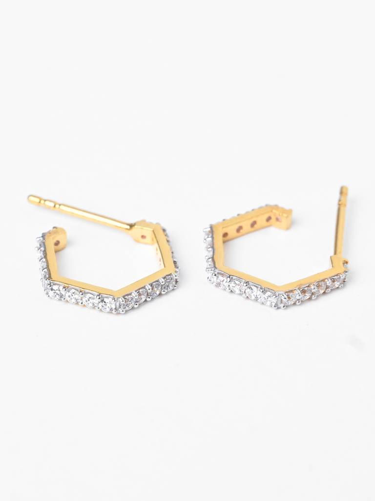 925 Sterling Silver Gold Rhodium Plated Swiss Zirconia Hexa Hoop And Huggies Earrings Gift For Women & Girls : CSHDE52