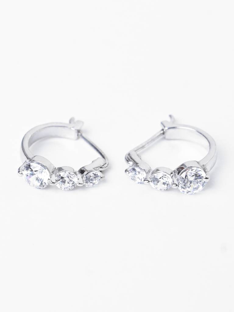 925 Sterling Silver Rhodium Plated Swiss Zirconia 3 Stones Hoop And Huggies Bali Earrings Gift For Women & Girls : CSHDE54