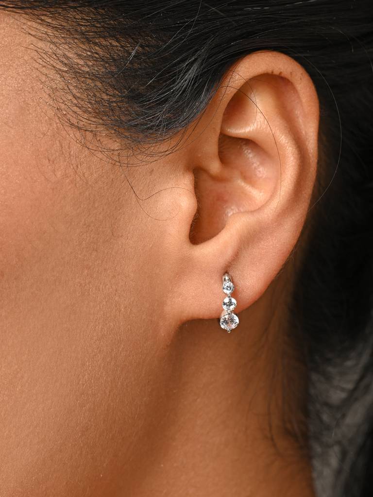 925 Sterling Silver Rhodium Plated Swiss Zirconia 3 Stones Hoop And Huggies Bali Earrings Gift For Women & Girls : CSHDE54