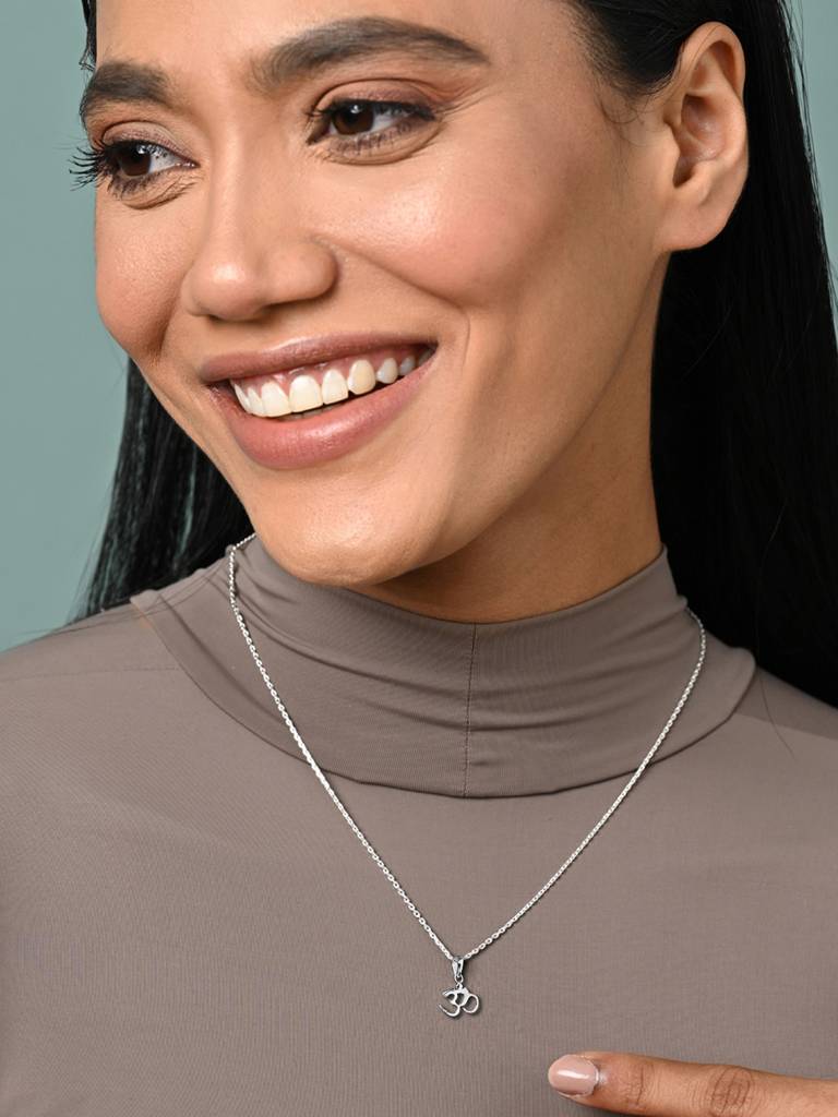 925 Silver Platinum Plated Religious Om Pendant Necklace With Chain Gift For Women & Girls : CSMNP10_FCHAIN