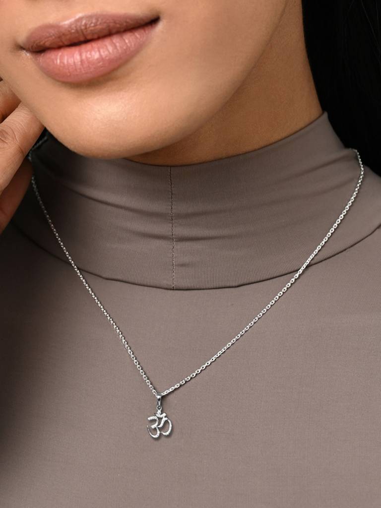925 Silver Platinum Plated Swiss Zircon Shine Om Pendant Necklace With Chain Gift For Women & Girls : CSMNP11_FCHAIN