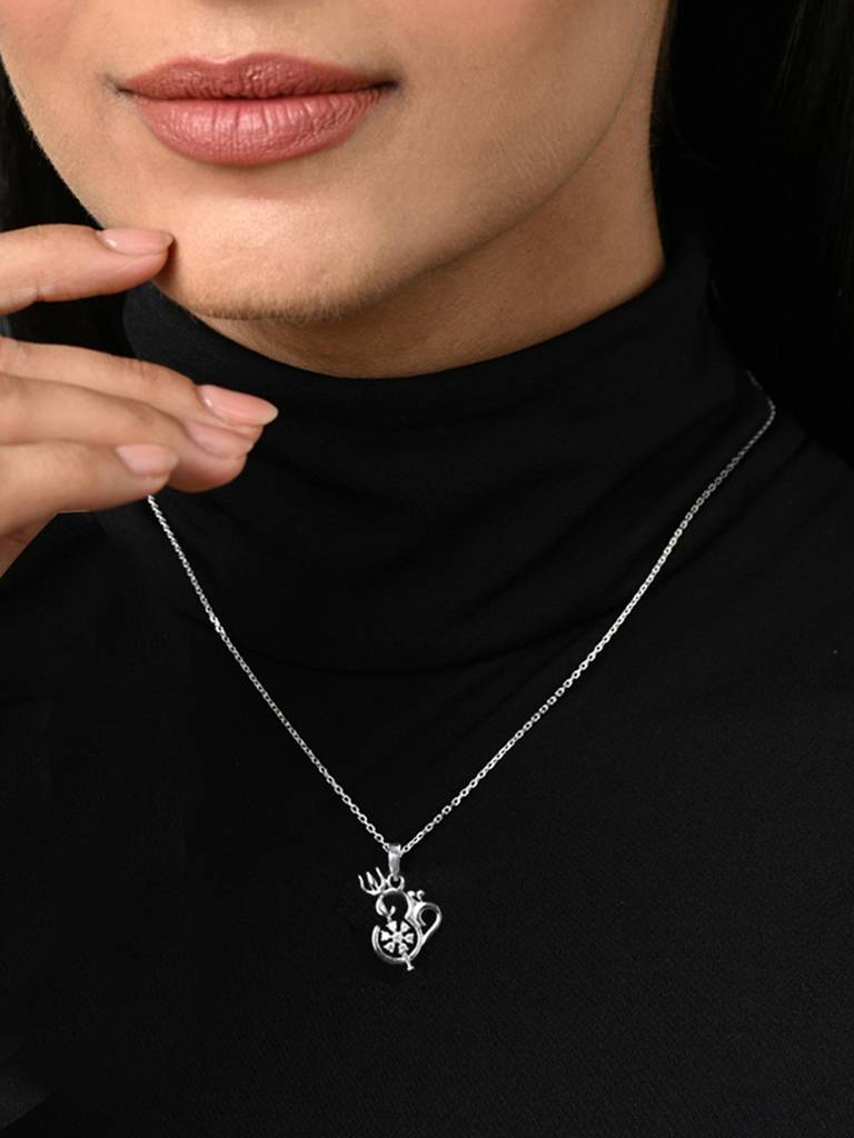 925 Silver Platinum Plated Swiss Zircon Om Trishul Pendant Necklace With Chain Gift For Women & Girls : CSMNP12_FCHAIN