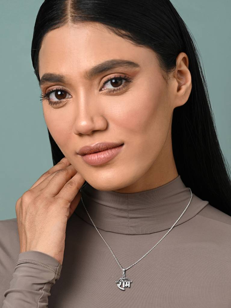 925 Silver Platinum Plated Swiss Zircon Shri Ram Pendant Necklace With Chain Gift For Women & Girls : CSMNP14_FCHAIN