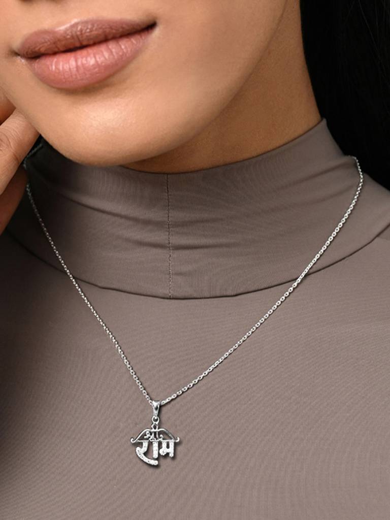 925 Silver Platinum Plated Swiss Zircon Shri Ram Pendant Necklace With Chain Gift For Women & Girls : CSMNP14_FCHAIN