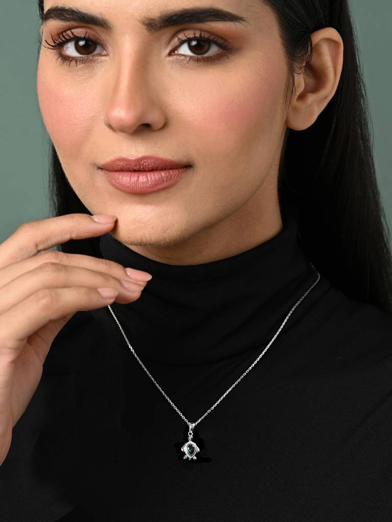 925 Silver Platinum Plated Swiss Zircon Lucky Tortoise Turtle Pendant Necklace With Chain Gift For Women & Gi : CSMNP16_FCHAIN